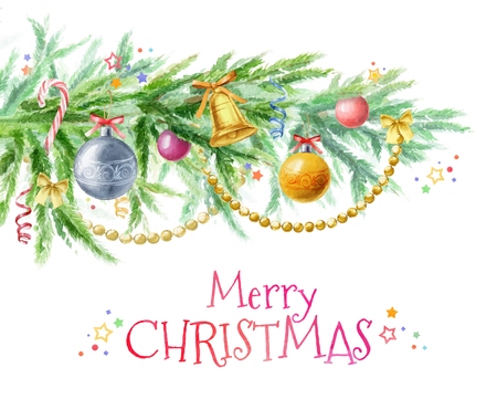 Christmas tree branch with decor from toys, balls, beads and bells. Christmas postcard. Vector Watercolor illustration.のイラスト素材