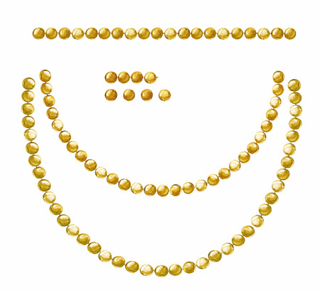 White background with hanging beautiful shiny painted watercolor garlands of gold beads.のイラスト素材