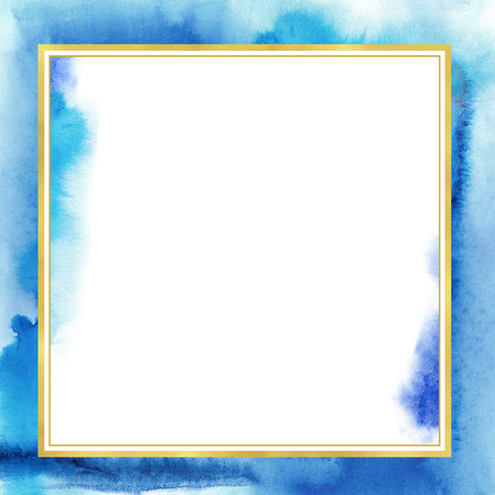 Square watercolor frame. Abstract blue background for design.の写真素材