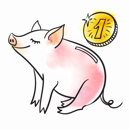 Template for greeting card. The pig is a symbol of the New Year of 2019. Black and white linear vector illustration. piggy bankのイラスト素材