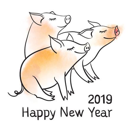 Template for greeting card. The pig is a symbol of the New Year of 2019. Black and white linear vector illustration.のイラスト素材