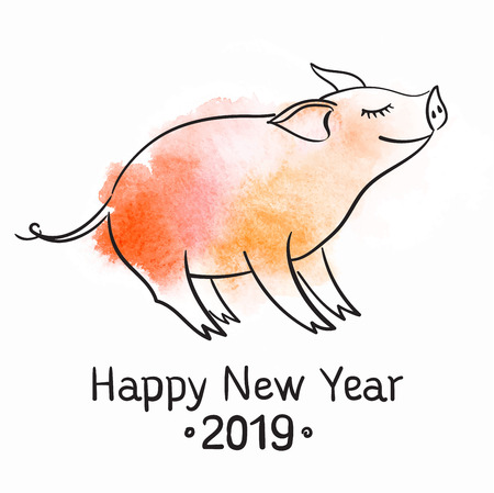 Template for greeting card. The pig is a symbol of the New Year of 2019. Black and white linear vector illustration.のイラスト素材