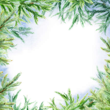 Watercolor abstract winter square background. Branches of fir. Winter landscape.の写真素材