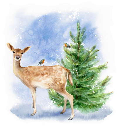Watercolor abstract forest background. Deer and Robin bird. Winter landscape. Background template for design posters, wedding invitations, postcards and moreの写真素材