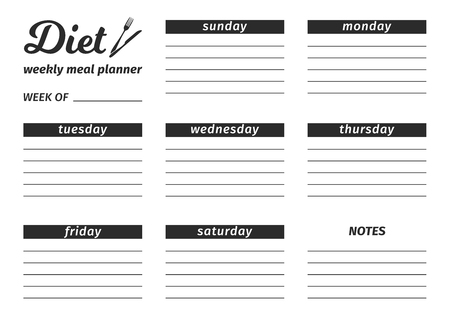 Template for the creation of the Diet food menu. Black and white Vector illustration. Seven-day horizontal meal plan.のイラスト素材