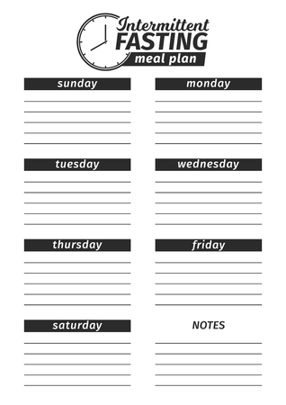 Template for the creation of the Intermittent fasting food menu. Vector illustration. Seven-day vertical meal plan. black and white illustrationのイラスト素材