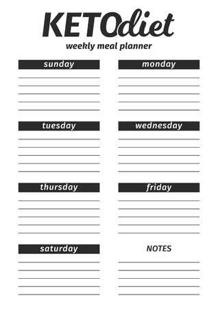 Template for the creation of the Ketogenic Diet food menu. Vector illustration. Seven-day vertical meal plan. black and white illustrationのイラスト素材