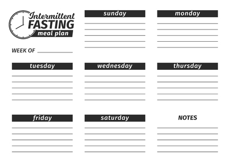 Template for the creation of the Intermittent fasting food menu. Vector illustration. Seven-day horizontal meal plan. black and white illustrationのイラスト素材