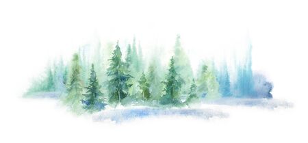 Green landscape of foggy forest, winter hill. Wild nature, frozen, misty, taiga. watercolor backgroundの写真素材