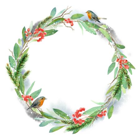 Watercolor winter floral wreath. Christmas illustration. Hand painted tree branches compositionの写真素材