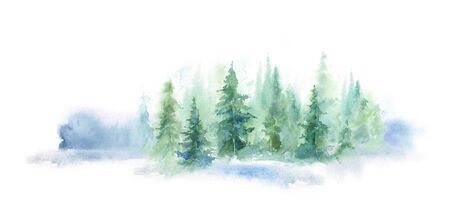 watercolor background drawn landscape of foggy forest, winter hill. Wild nature, taiga.の写真素材