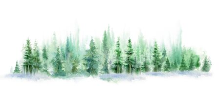 watercolor background drawn landscape of foggy forest, winter hill. Wild nature, taiga.の写真素材