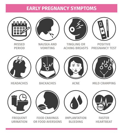 Early pregnancy symptoms. Vector illustration, flat icons. Template for use in medical agitation.のイラスト素材