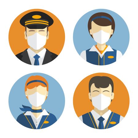 Aircraft crew icons set. Workers in protective masks. Protection during an epidemic and pandemic.のイラスト素材