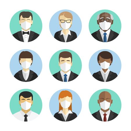 Set of avatars of people. Office workers in protective masks. Protection during an epidemic and pandemic.のイラスト素材