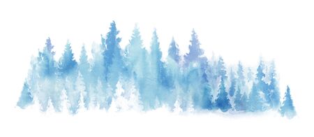 Watercolor Blue landscape of foggy forest hill. Wild nature, frozen, misty, taiga. Horizontal watercolor background. Evergreen coniferous trees.の写真素材