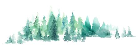 Watercolor blue forest landscape. Misty fir forest. Wild nature, frozen, misty, taiga. Watercolor horizontal backgroundの写真素材