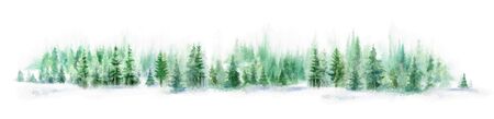 Watercolor blue forest long horizontal landscape. Misty fir forest. Wild nature, frozen, misty, taiga. Watercolor backgroundの写真素材