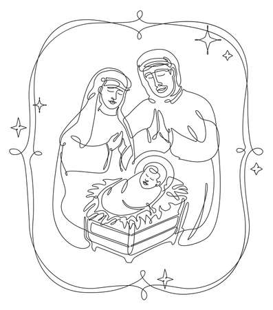 Continuous line drawing of The birth of Jesus Christ. Holy family figures Mary, Joseph and baby Jesus. Template for greeting cards.のイラスト素材