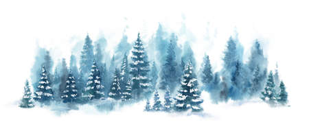 Watercolor Blue winter landscape of foggy forest hill. Wild nature, frozen, misty, taiga. Horizontal watercolor background. Evergreen coniferous trees.の写真素材