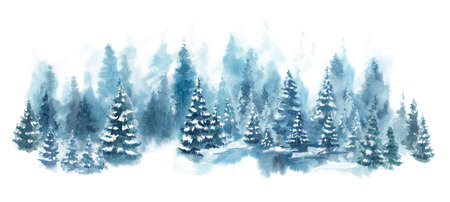 Watercolor Blue winter landscape of foggy forest hill. Wild nature, frozen, misty, taiga. Horizontal watercolor background. Evergreen coniferous trees.の写真素材