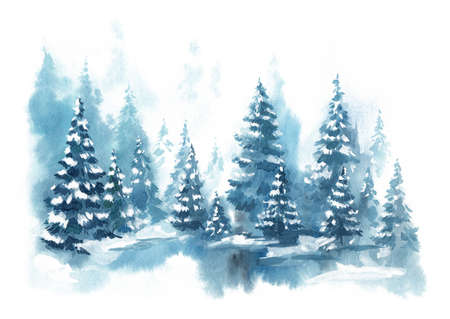 Watercolor Blue winter landscape of foggy forest hill. Wild nature, frozen, misty, taiga. Horizontal watercolor background. Evergreen coniferous trees.の写真素材