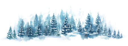Watercolor Blue winter landscape of foggy forest hill. Wild nature, frozen, misty, taiga. Horizontal watercolor background. Evergreen coniferous trees.の写真素材
