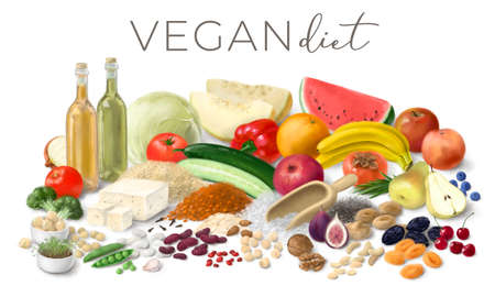 Nutrition concept for Vegan diet. Healthy products. Assortment of healthy food ingredients for cooking. Hand drawn horizontal illustration.の写真素材