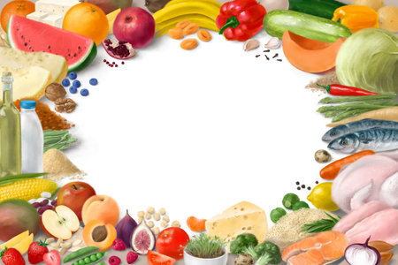 Concept for healthy food . Organic products. Decorative horizontal frame. Template for design. Hand drawn illustration.の写真素材