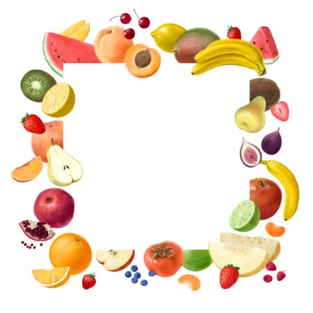 Nutrition concept for Vegan food. Fruits and berries Healthy products. Assortment of healthy nutrition. Decorative square frame. Template for design.の写真素材