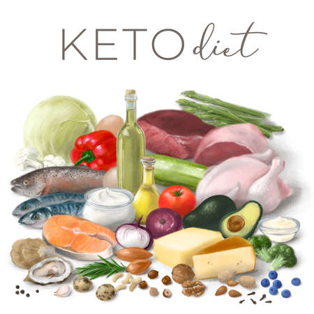 Nutrition concept for healthy food. Assortment of healthy food ingredients for cooking. organic products. hand drawn illustration.の写真素材