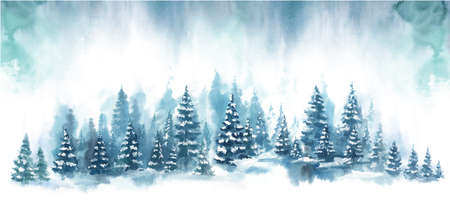 Winter horizontal landscape with snowy background. Watercolor vector Illustration on white background. Blue forest in snowのイラスト素材
