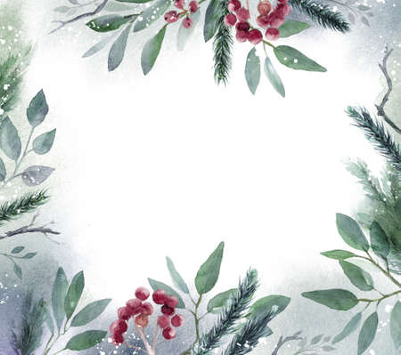 Watercolor Christmas Leaf frame. Hand painted floral garland with berries and fir branch, isolated on white background. Christmas card.の写真素材