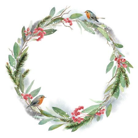 Watercolor Christmas wreath with fir, leaves and dry branches with the bird robin. Hand painted holiday frame with plants isolated on white background. Floral illustrationの写真素材