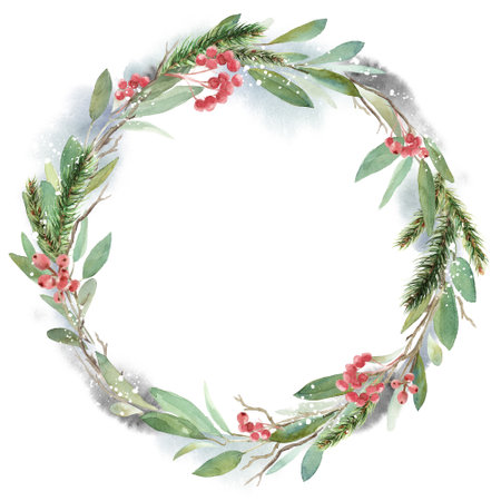 Watercolor Christmas wreath with fir, leaves and dry branches. Hand painted holiday frame with plants isolated on white background. Floral illustrationの写真素材