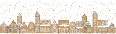 Christmas Vintage Gingerbread village background. Winter landscape Horizontal border. Greeting card template.の写真素材