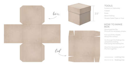 Printable template DIY party favor square box for birthdays, baby showers. Beige Gift box template for cute candies small presents. Isolated on white background. Print, cut out, fold, glue.の写真素材