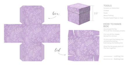 Printable template DIY party favor box for birthdays, baby showers. Gift purple square box template for cute candies small presents. Isolated on white background. Print, cut out, fold, glue.の写真素材