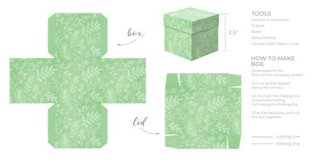 Printable template DIY party favor box for birthdays, baby showers. Gift green square box template for cute candies small presents. Isolated on white background. Print, cut out, fold, glue.の写真素材