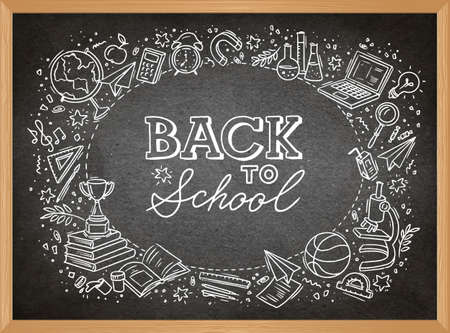 Vector doodle frame Back to school with school supplies on the background of a black school board in a wooden frameのイラスト素材