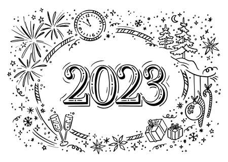 New year party 2023 doodle elements in white background. Horizontal chalkboard Vector illustrationのイラスト素材