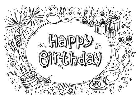 Vector Happy Birthday frame with lettering. Hand-drawn funny horizontal illustrationのイラスト素材