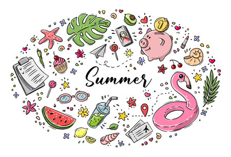 Vector doodle illustration Summer collection. Colorful symbols of summer palm tree, flamingo, watermelon, plane tickets, piggy bank, blueprintのイラスト素材