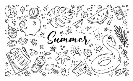 Vector doodle illustration Summer collection. Colorful symbols of summer palm tree, flamingo, watermelon, plane tickets, piggy bank, blueprintのイラスト素材