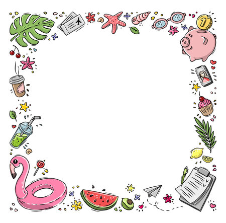 Vector doodle illustration Summer collection. Colorful symbols of summer palm tree, flamingo, watermelon, plane tickets, piggy bank, blueprintのイラスト素材