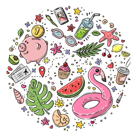 Vector doodle illustration Summer collection. Colorful symbols of summer palm tree, flamingo, watermelon, plane tickets, piggy bank, blueprintのイラスト素材