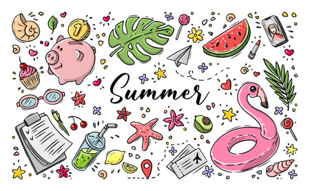 Vector doodle illustration Summer collection. Colorful symbols of summer palm tree, flamingo, watermelon, plane tickets, piggy bank, blueprintのイラスト素材