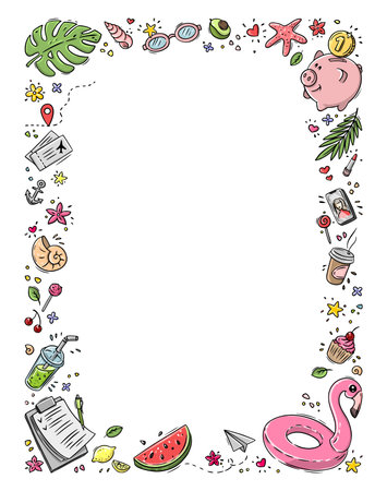 Vector doodle illustration Summer collection. Colorful symbols of summer palm tree, flamingo, watermelon, plane tickets, piggy bank, blueprintのイラスト素材