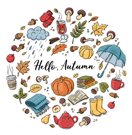 autumn doodles. Hand drawn set of sketches. isolated objects on white backgroundのイラスト素材