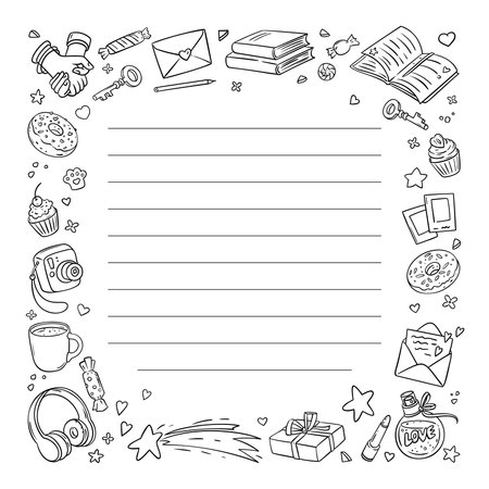Square Black and White Frame Friends and Friendship. Girls White Planning Sheet. vector illustrationのイラスト素材